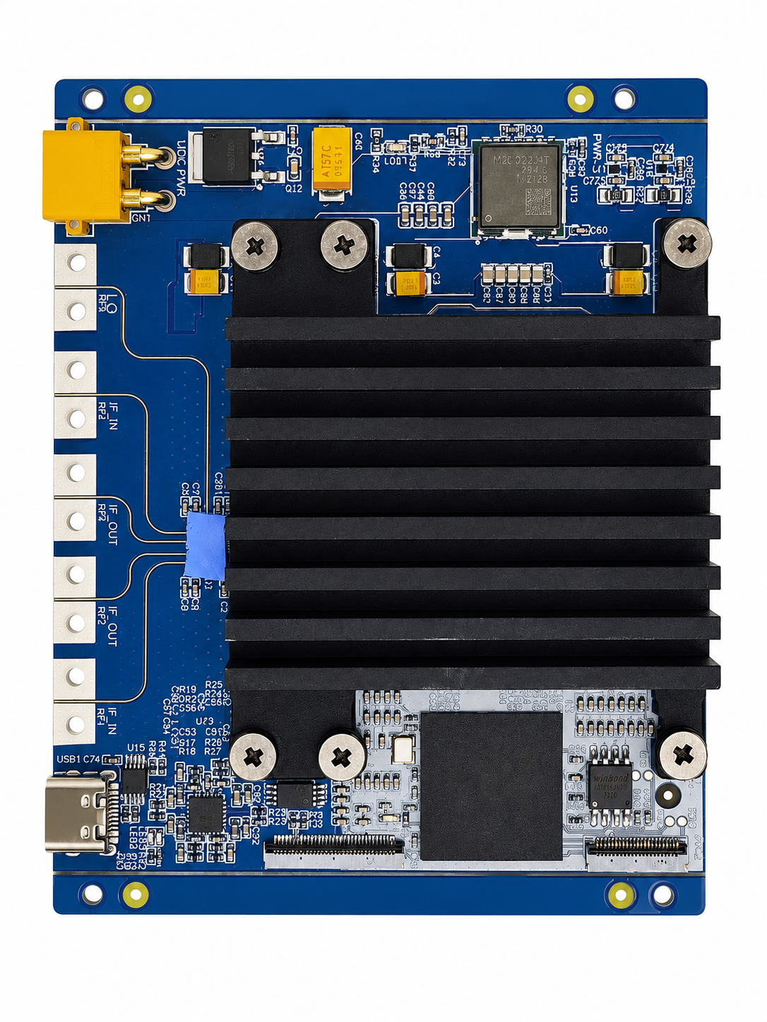 novocomms IF processing board — FPGA-based signal processing with heatsink